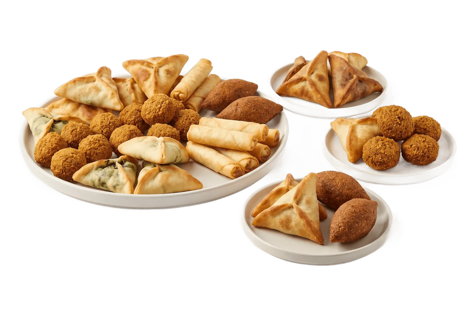 Assortiment de bouchées libanaises : falafels, samboussek, fatayer, rikakat et kebbé