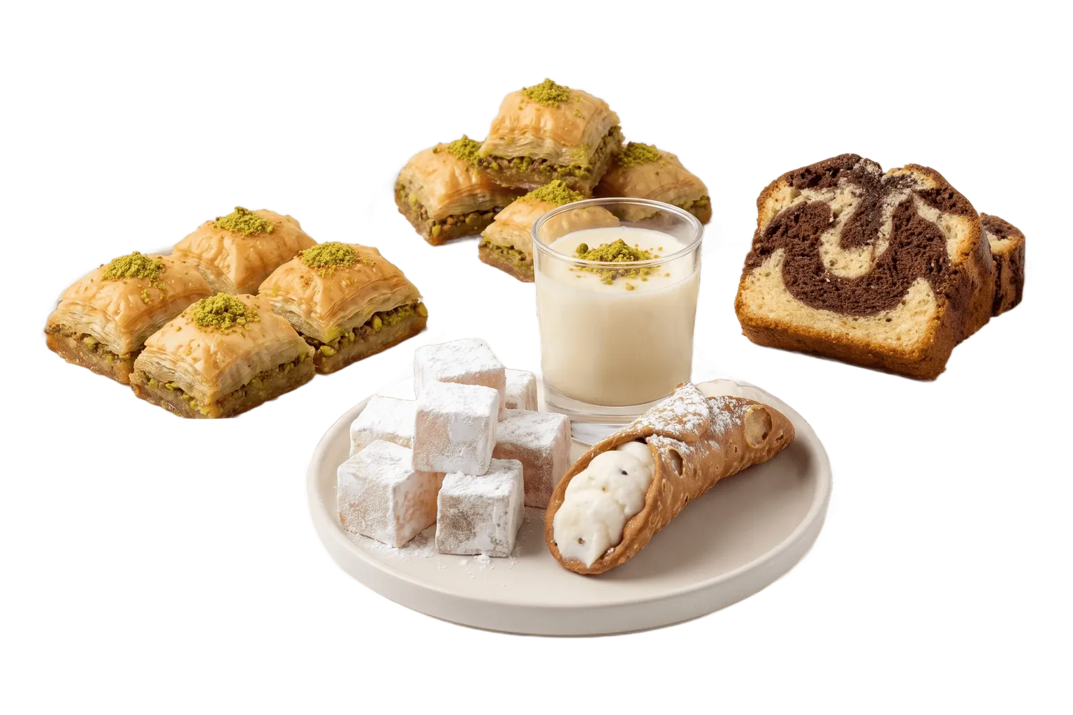 Baklavas, loukoums, mouhalbiya, cannolo et cake marbré