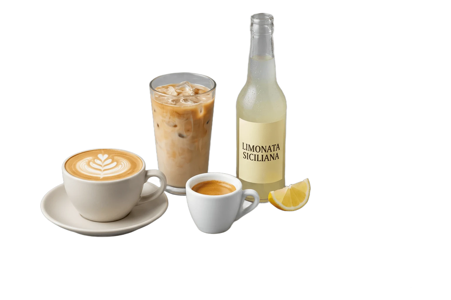 Cappuccino, iced latte, espresso et limonade sicilienne