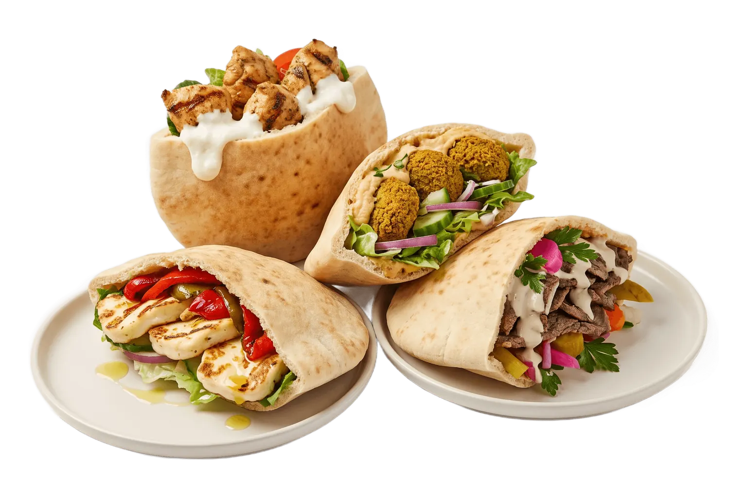 Quatre pitas libanaises différentes, entières et coupées : poulet, falafel, halloumi et bœuf