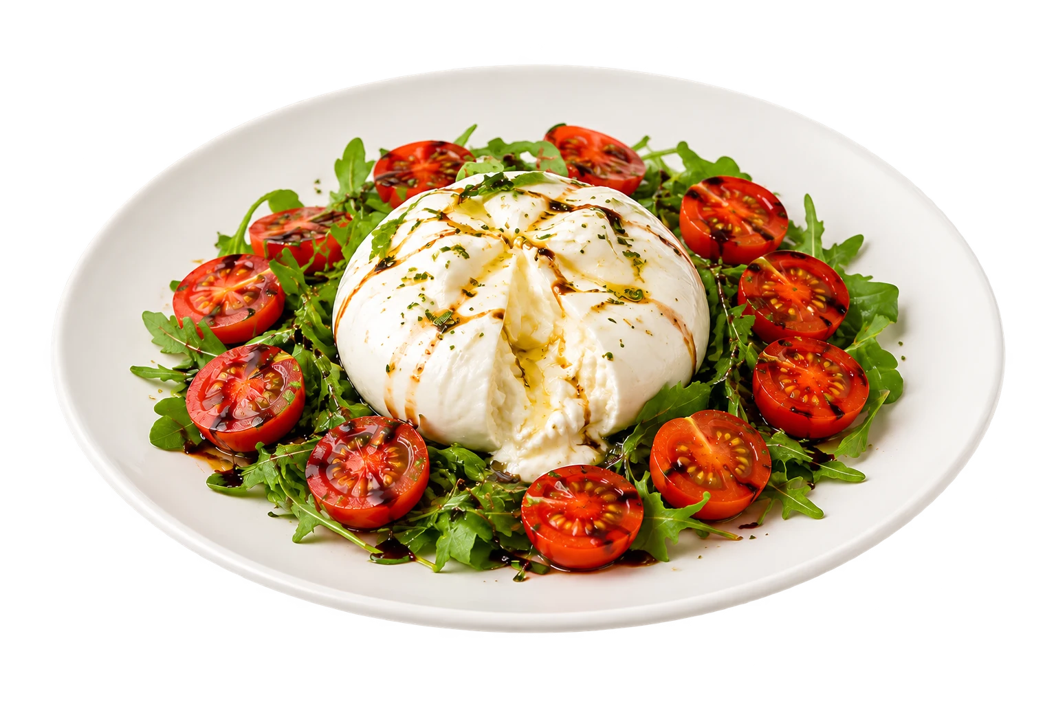 Burrata, tomates et roquette dans une grande assiette